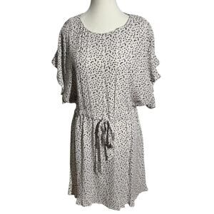 Rag‎ Poets Mini Dress Women M White Navy Speck Short Sleeve Ruffle Viscose Blend